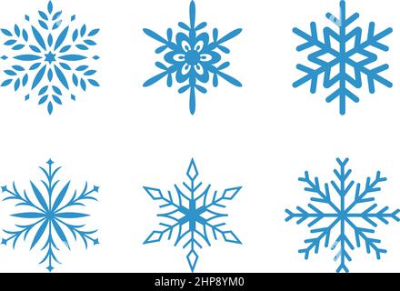 Eisblaue frostige abstrakte Schneeflocken-Symbole auf weißem Hintergrund. Stock Vektor