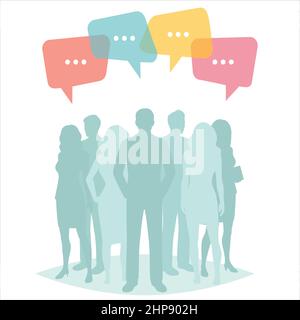 Menschen gruppieren Silhouetten mit Sprechblasen. Geschäftsteam, Chat-Dialog Stock Vektor