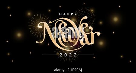 Illustration von Happy New Year Lettering Fonts goldene Farbe mit isoliertem schwarzem Hintergrund, Feuerwerk und Glitzer funkeln Sterne Dekoration für Grußkarten, Einladung, Zeichen und Banner. Stock Vektor