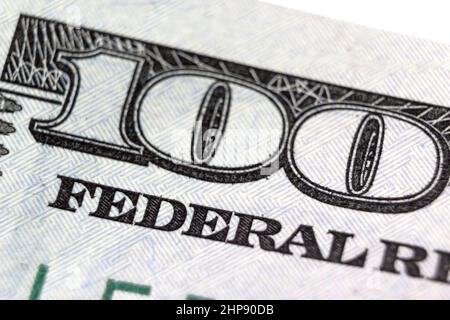 Vereinigte Staaten neue 100 Dollar Banknote Vorderseite Seitenfragment. 100. Fragment der Rechnungen Nahaufnahme Stockfoto