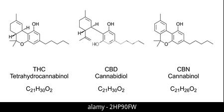 THC, CBD und CBN, Cannabisverbindungen, chemische Formeln und Strukturen Stock Vektor