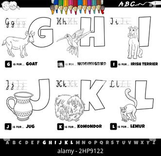 Pädagogische Karikatur Alphabet Buchstaben von G bis L Farbe Buchseite gesetzt Stock Vektor