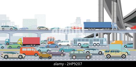 Große Stadt in der Hauptverkehrszeit mit einer Kreuzung in Stau und öffentlichen Verkehrsmitteln Illustration Stock Vektor