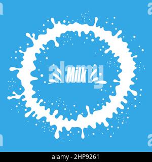 Gießen von Milch Splash auf blauem Hintergrund. Weiße Cremige Flüssigkeitstropfen. Fresh Farm Milky Flow Drink. Minimalistisches Poster. Stock Vektor