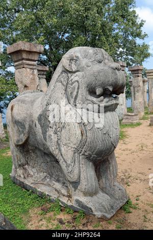Geschnitzter Steinlöwe im Kammerhaus von König Nissanka Malla in Polonnaruwa Stockfoto