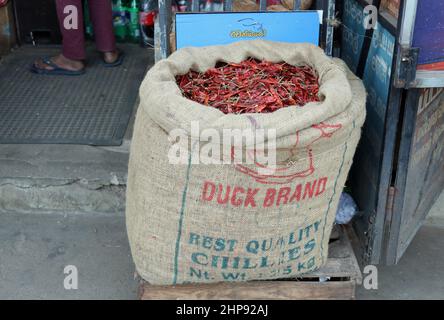 Sack getrockneter Chilis in Sri Lanka Stockfoto