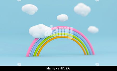 Cute Candy Regenbogen mit Wolken, 3D Abbildung Stockfoto