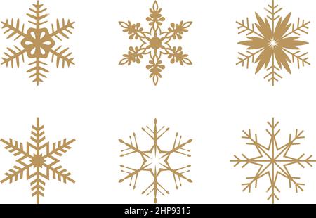 Goldene frostige abstrakte Schneeflocken-Symbole auf weißem Hintergrund. Stock Vektor