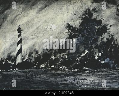 Cape Hatteras Lighthouse am Outer Banks, NC monochromatische Kunst. Aquarellmalerei Cape Hatteras Lighthouse, OBX. Leuchtturm von North Carolina Stockfoto