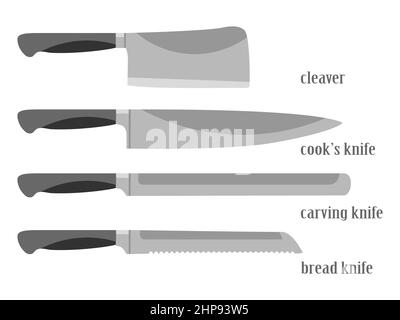 Cartoon Edelstahl Küchenmesser Set Spaltmesser, Kochmesser, Schnitzmesser, Brotmesser. Utensilien Werkzeuge Kochen isoliert auf weißem Hintergrund, flache Vektorgrafik. Küche Haushalt Symbole Elemente Stock Vektor