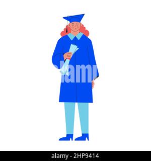 Junge Frau mit Hochschulabschluss, die ein Diplom für Bildung hält. Frustriert, beleidigt Schüler in einem blauen Abschlusskleid. Vector trendy isoliert Stock Vektor