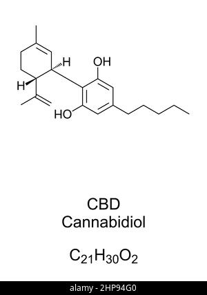 Cannabidiol, CBD, in Cannabispflanzen gefunden, chemische Struktur Stock Vektor