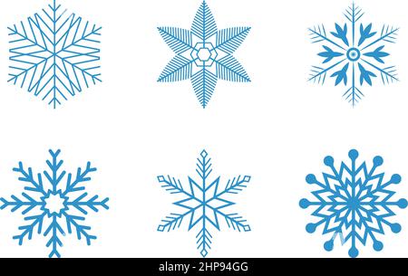Eisblaue frostige abstrakte Schneeflocken-Symbole auf weißem Hintergrund. Stock Vektor