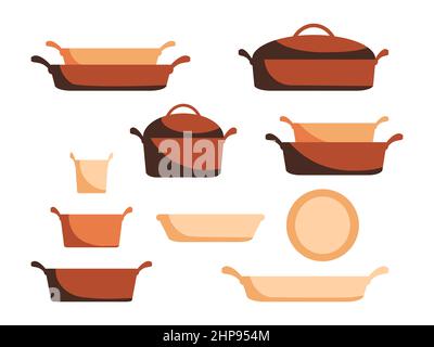 Cartoon Keramik Kochgeschirr Set, Töpfe, Pfannen, Kochtöpfe und Utensilien Werkzeuge Kochen isoliert auf weißem Hintergrund, Vektor-Illustration. Küche Haushalt Icons Objekte Design-Elemente zum Kochen und Braten Stock Vektor