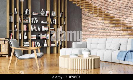 Modernes, stilvolles Interieur des Wohnzimmers, ein Zimmer mit einer Treppe, Holzboden und einem großen Fenster. 3D Rendern Stockfoto