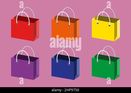Vector Set aus sechs Papiertüten auf rosa Hintergrund Stock Vektor