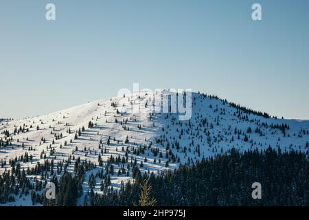 Eine Gruppe von Menschen, die auf einem schneebedeckten Hang stehen Stockfoto