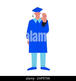 Wütender Kerl in blauem Abschlusskleid und Hut zeigt eine Stop-Geste. Probleme von Hochschulabsolventen. Zeichenvektordarstellung. Klasse Stock Vektor