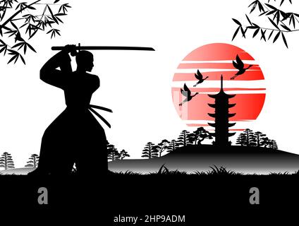 Japanische Kunst mit altem Design von Samurai Training Schwert in der Nähe von japanischen Tempel, Vektor-Illustration Stock Vektor