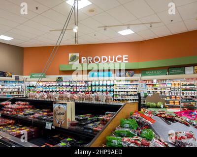 Orlando, Florida - 8. Februar 2022: Horizontale Innenansicht der Publix Produce Food Department, die Gemüse, Obst und Bio-Lebensmittel enthält. Stockfoto