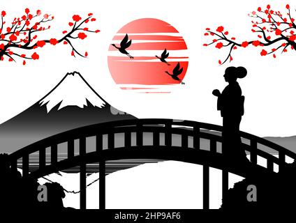 japanische Frau im Kimono-Kleid steht auf einer Brücke in der Nähe des Fuji-Berges zur Sonnenuntergangszeit, Vektordarstellung Stock Vektor