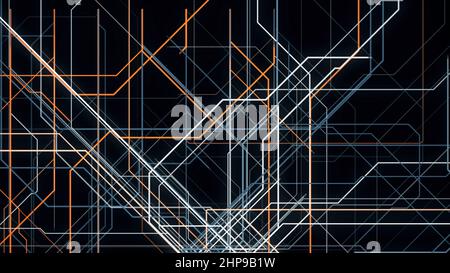 Abstraktes geometrisches liniertes Muster, Motion-Grafiken. Endlose Mengen von bunten Linien schaffen eine komplexe Struktur der Pipeline isoliert auf schwarzem Backgro Stockfoto