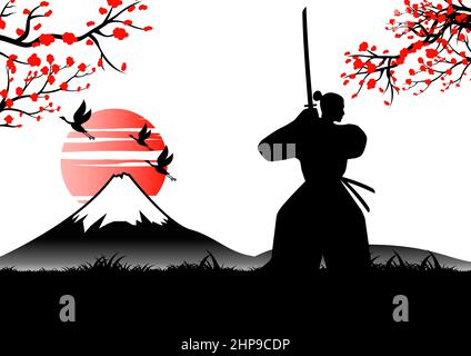 Japanische Kunst mit antikem Design des Samurai-Trainingsschwertes in der Nähe des Fuji-Berges, Vektordarstellung Stock Vektor