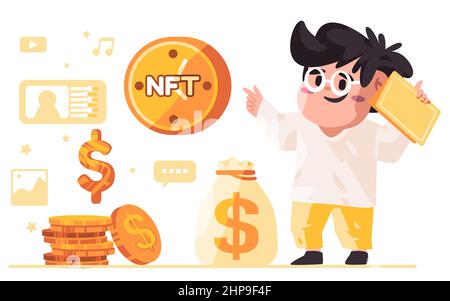 NFT nicht fungible Token Business Münze Mann reden präsentiert zeigt viel Geld Stock Vektor