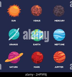 Planetary Objekt Sammlung von Planet Sonne Erde Astronomie Design Cartoon Kinder Stil Illustration Wissenschaft Raum Stock Vektor