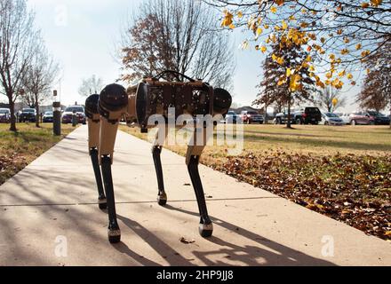 Illinois, USA. 14th Dez 2020. Der teilautonome Roboterhund Ghost Robotics Vision 60 nimmt an einer Demonstration im 375th Security Forces Squadron auf der Scott Air Force Base Teil. Der Roboter DOG ist mit integrierten Sensoren ausgestattet und kann einen hochauflösenden Videostream, eine Thermografie und eine Infrarotkonfiguration aufzeichnen. Quelle: U.S. Air Force/ZUMA Press Wire Service/ZUMAPRESS.com/Alamy Live News Stockfoto