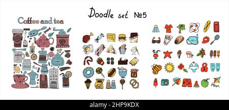 Großer Satz handgezeichneter Kaffee- und Teekritze. Ein Satz isolierter Vektor-Sommer-Accessoires für Strand-, Fast-Food-Produkte. Handgezeichnete Süßigkeiten, Desserts Stock Vektor