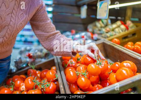 Frauen Handselektion Tomaten im Shop Organic. Stockfoto