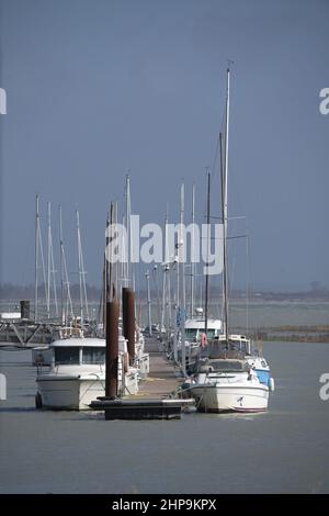 Le Port du Hourdel à marée Haute et ses bateaux amarrés. Le phare et la baie de Somme Stockfoto