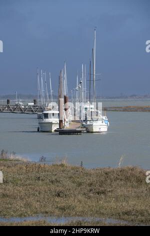 Le Port du Hourdel à marée Haute et ses bateaux amarrés. Le phare et la baie de Somme Stockfoto