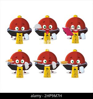 Happy Red Vampir Hut Kellner Cartoon Charakter hält einen Teller. Vektorgrafik Stock Vektor