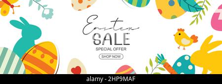 Ostern Verkauf Banner Design-Vorlage mit bunten Eiern und Blumen. Verwendung für Cover, Werbung, Flyer, Poster, Prospekte, Gutschein-Rabatt. Stock Vektor