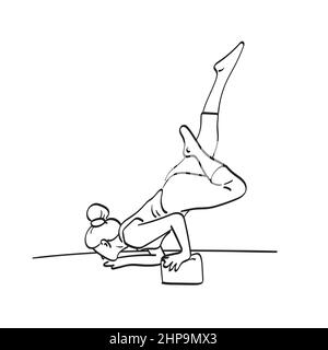 Frau tun Handstand im Yoga Kurs Illustration Vektor Hand gezeichnet isoliert auf weißem Hintergrund Linie Kunst. Stock Vektor