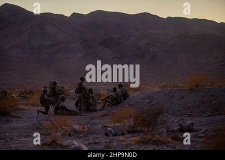 Soldaten der Vereinigten Arabischen Emirate mit 3rd Kompanie, 1st Bataillon, Al Forsan Brigade, Präsidentengarde, warten darauf, während der Kampfübung der Marine Air Ground Task Force 1-22 im Marine Corps Air Ground Combat Center, Twentynine Palms, Kalifornien, am 28. Oktober 2021 von einem Fahrzeugkonvoi abgeholt zu werden. Das U.S. Marine Corps und die VAE-PG pflegen durch fortwährende bilaterale Ausbildungsverpflichtungen und -Programme eine enge Beziehung, um die Fähigkeit der anderen zu verbessern, Terrorismusbekämpfungsoperationen durchzuführen, kritische Infrastrukturen zu schützen und die nationale Verteidigung zu unterstützen. (USA Marine Corps Foto von Lance CPL. Joshua S. Stockfoto