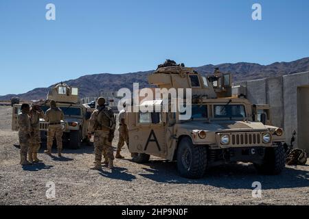 Soldaten der Vereinigten Arabischen Emirate mit 3rd Kompanie, 1st Bataillon, Al Forsan Brigade, Präsidentengarde, bereiten die hochmobilen Mehrzweckfahrzeuge des US-Marine Corps für Konvoi-Einsätze während der Kampfübung der Marine Air Ground Task Force 1-22 im Marine Corps Air Ground Combat Center, Twentynine Palms, Kalifornien, 27. Oktober 2021 vor. Das U.S. Marine Corps und die VAE-PG pflegen durch fortwährende bilaterale Ausbildungsverpflichtungen und Programme eine enge Beziehung, um gegenseitig ihre Fähigkeit zur Terrorismusbekämpfung, zum Schutz kritischer Infrastrukturen und zur Unterstützung nationaler Verteidiger zu verbessern Stockfoto