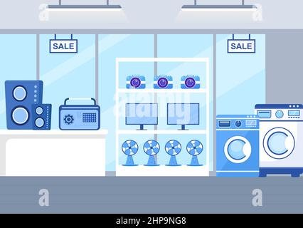 Elektronikgeschäft, das Computer, TV, Handys und den Kauf von Haushaltsgeräten in flachem Hintergrund verkauft Illustration für Poster oder Banner Stock Vektor