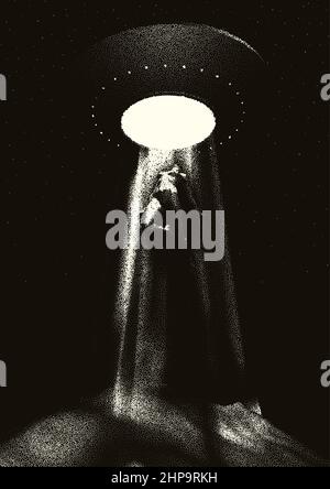 Alien-Raumschiff entführt einen Menschen mit dem Entführungsstrahl. Retro-Stil Poster mit Frau oder Mann von ufo oder fliegende Untertasse genommen. Sci-Fi-Illustration Stock Vektor