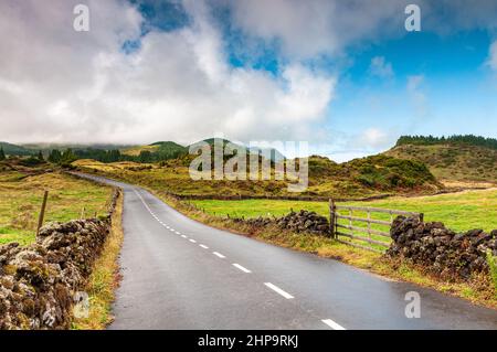 Straße, die eine Landschaft der Terceira Insel, Azoren, durchquert Stockfoto