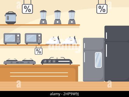 Elektronikgeschäft, das Computer, TV, Handys und den Kauf von Haushaltsgeräten in flachem Hintergrund verkauft Illustration für Poster oder Banner Stock Vektor