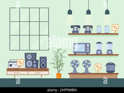 Elektronikgeschäft, das Computer, TV, Handys und den Kauf von Haushaltsgeräten in flachem Hintergrund verkauft Illustration für Poster oder Banner Stock Vektor