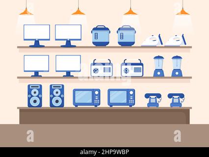 Elektronikgeschäft, das Computer, TV, Handys und den Kauf von Haushaltsgeräten in flachem Hintergrund verkauft Illustration für Poster oder Banner Stock Vektor