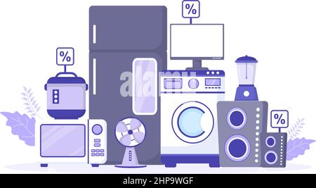 Elektronikgeschäft, das Computer, TV, Handys und den Kauf von Haushaltsgeräten in flachem Hintergrund verkauft Illustration für Poster oder Banner Stock Vektor