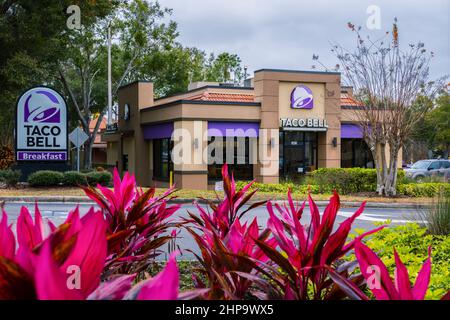 Orlando, Florida - 6. Februar 2022: Horizontale Nahaufnahme des Taco Bell Restaurantgebäudes außen mit Blume im Vordergrund. Stockfoto