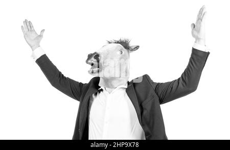 Hart arbeitend Mann Geschäftsmann tragen seltsame Pferd Kopfmaske in formalwear isoliert auf weißem, workhorse Stockfoto