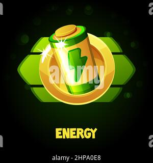 Cartoon goldene Energie-Batterie in einem Rahmen für das Spiel. Vektor-Illustration Laden Spiel grünen Preis Symbol für Grafik-Design. Stock Vektor
