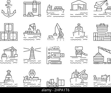 Container Port Tool Collection Icons Set Vector . Stock Vektor